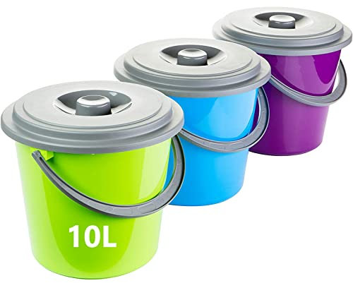 Sustania Flex Lot de 3 seaux de nettoyage avec couvercle en plastique de qualité alimentaire, 3 couleurs assorties, 10 l, corde