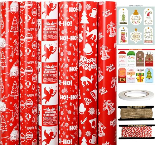FullJoyHut 6 Rollen Weihnachtsgeschenkpapier je 43cm x 3M - Rotes Geschenkpapier Weihnachten Rollen Set, Weihnachtspapier mit Geschenkanhänger Geschenkband für Xmas Geschenkverpackung