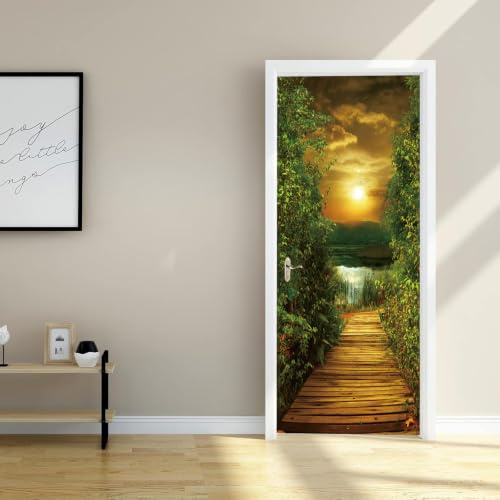 FLFK 3D Türtapete Selbstklebend TürPoster 85x215cm-Sonnenuntergang Holz Brücke Türaufkleber Abziehen und Aufkleben Mauer Aufkleber Zuhause Dekor(2 Stk/Set)