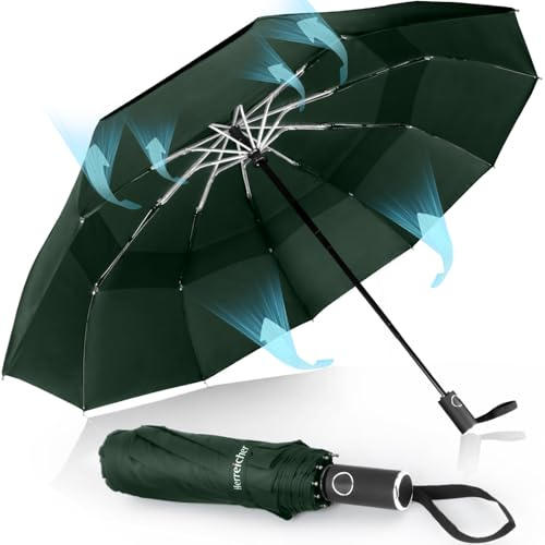 Herreicher Ombrello Pieghevole Antivento Pioggia da Viaggio - Nuovo Portatile Ombrelli per Uomo Automatico Ombrello da Pioggia Pieghevole Leggero Ombrello Inverso Resistenti alle Tempeste (Verde)