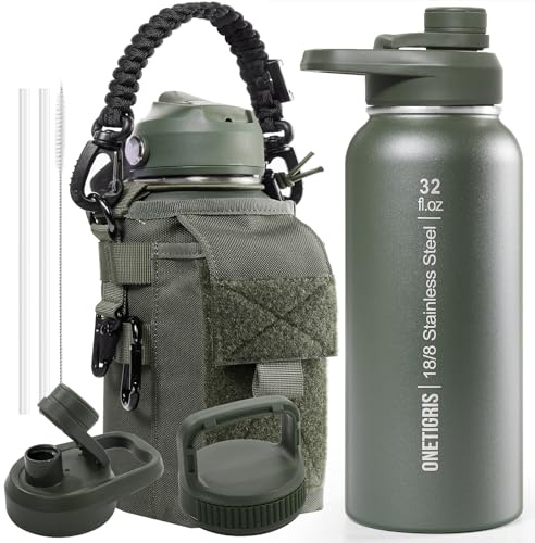 OneTigris Insulated Water Bottle 0.9 L/32oz Stainless Steel Thermal Flask Leakproof Sports Bottle with Straws 3 Lids Molle Bag for Hiking,Cycling, Camping, Yoga, Gym, Travel-OD Green