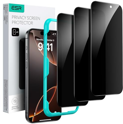 ESR 3 Pack for iPhone 16 Pro Max Privacy Screen Protector, Align Frame | Military Grade Shatterproof, 9H Tempered Glass, Anti-Spy, Full-Coverage Protection, Easy Installation Tool, Scratch-Resistant