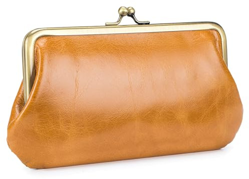 Karoukee Portefeuille en Cuir Ciré Lisse pour Téléphone Portable, Porte-Monnaie Vintage pour Femme, Grand Porte-Cartes de Crédit avec 12 Fentes pour Cartes, Fermeture à Clip Dorée