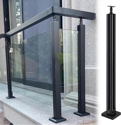 Stilvoller schwarzer Edelstahl-Glasgeländerpfosten für Balkon, Terrasse, Garten, Treppengeländer, 115 cm, mit Balusterplatten, Klemme, Treppengeländer, Mittelecksäule, Farbe: Grau, modern