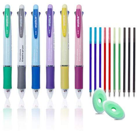 MROOFUL Stylo à bille 4-en-1 multicolore, effaçable, 0,5 mm, 4 couleurs, stylo à bille rétractable, stylos à encre colorée avec 10 recharges et 2 gommes pour étudiants, fournitures de bureau,
