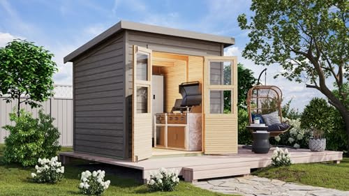 CHILLROI® Karibu Gartenhaus Kano in 4 Größen optional mit Anbaudach, nordische Fichte, 14 mm Wandstärke, Pultdach mit Dachplatte, vorvergraut, lichtdurchflutet & wetterfest (Größe M)