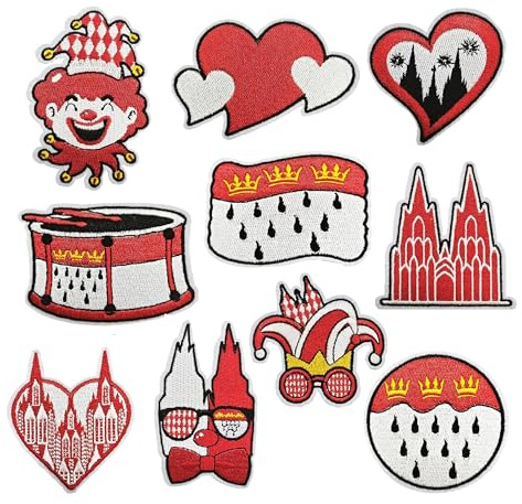 10 Stück Kölner Karneval Aufnäher Rot Weiß Bügelflicken, süße bestickte Reparaturflicken zum Annähen oder Aufbügeln, Bügelbilder Karneval Kleidung, für Kleidung, Jeans, Hosen, Nähen,Hüte,Bastelzubehör