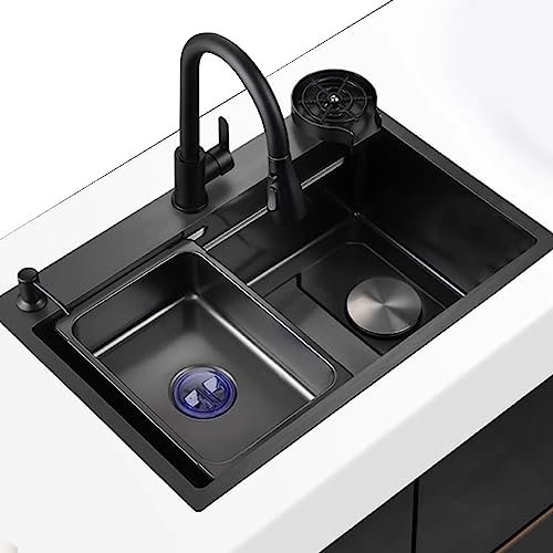 Schwarze Edelstahl-Spüle mit Glaswaschbecken und komplettem Zubehör, schwarzer Wasserhahn im Lieferumfang enthalten, 75 x 45 cm