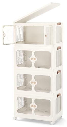 GOPLUS Aufbewahrungsbox mit Deckel & Rollen, Aufbewahrungsschrank stapelbar mit Türen & Handgriff, Klappbox Ordnungsboxen Stapelbox Aufbewahrungsbehälter für Wohnzimmer & Schlafzimmer (4 Ebenen-212L)