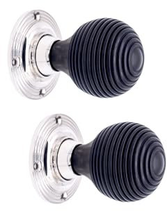 Infinity Decor Pair of Traditional Style Ebony Wood Beehive Reeded Rim Door Knobs Set 55mm Polished Nickel Rose - Wooden Handles Suitable for Interior & Exterior Doors