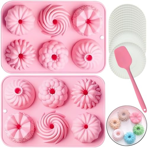 NIEEKRUN 2 Stück Mini Gugelhupfform Silikon Gugelhupf Kuchenform Gugelhupf Backform Silikon Backform Kuchenform Klein Savarin Form 6 Mulden mit Einem Spatel und Einweg Teller für Kekse Bagels Muffins