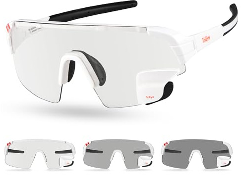 TriEye Occhiali da ciclismo da uomo e da donna con specchietto retrovisore – fotocromatici UV400 – Occhiali sportivi antivento per bici da corsa e mountain bike - Bianco Fotocromatico