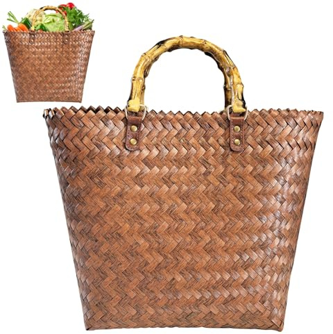 Einkaufskorb Geflochten aus Kunststoff, Flechttasche Groß, Korb Geflochten, Korbtasche Sommer, Korb Taschen für Damen, Wasserdicht Strandtasche, Basttaschen, Einkaufstasche Geflochten Tasche (F)