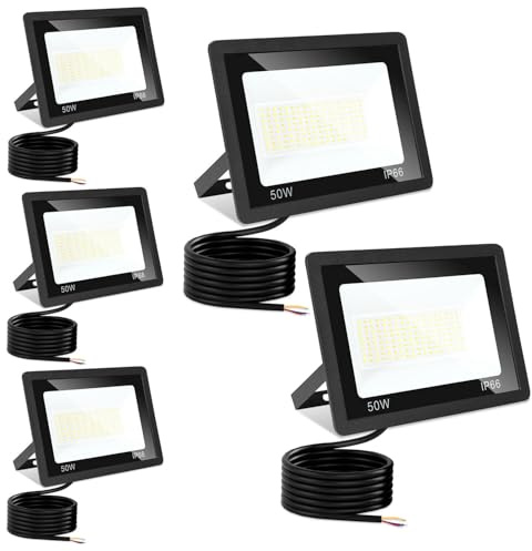 Monucep LED Strahler Außen 50W,5 Stück Dimmbar LED Fluter 3000K/4000K/6500K, Led Scheinwerfer, IP65 Wasserfest Aussenstrahler für Hell Garten Hof Türen Rasen Garage [Energieklasse E]