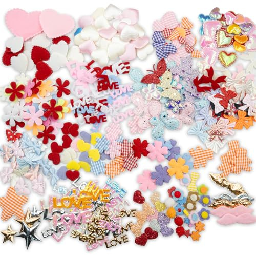 Summer-Ray 200+ st blandade tygutsmyckningar för hantverk – blommor, hjärtan, fjärilar och mer, skumvadderade och platta mönster, över 2 cm, gör-det-själv-sömnad, scrapbooking och dekorationer