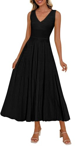 PRETTYGARDEN Summer Dresses for Women 2026 Spring Casual Sleeveless V Neck Pleated Midi Work Cocktail Wedding Guest Dress(Black,Large)