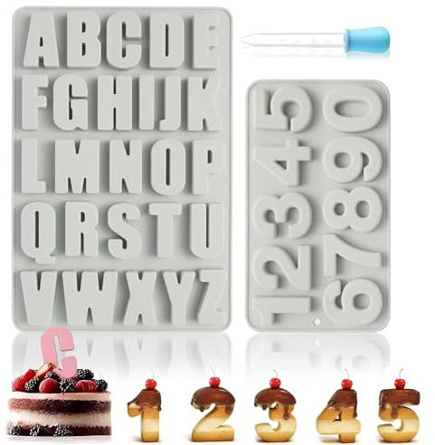 2 Piezas Molde De Silicona De Letras, Molde Chocolate Numeros, 3D Forma De Letras Y Números, A-Z y 0-9, Con Cuentagotas, Para Chocolate, Pasteles, Gelatina, Dulces, Jabón (Gris)