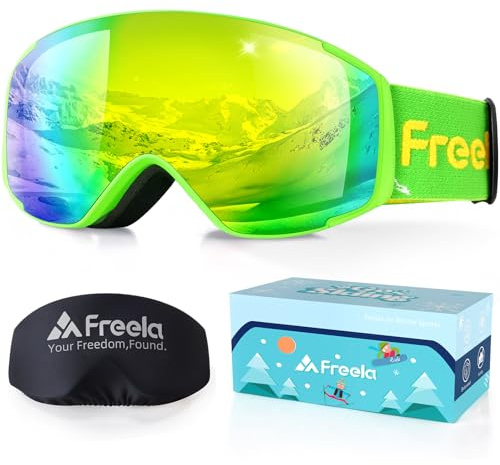 Freela Ski Winter Goggles, Green Snowboard Glasses for 4-6 10-12 8-12 6-14 Toddler Kids Girl Boy Youth Child, Anti Fog UV Protection Mirror Clear Goggles Snowmobile Snowboard Gear with Ski Snow Helmet