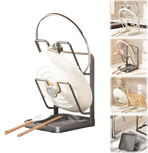 Support De Rangement Pour Couvercles De Casseroles De Cuisine,Double Couche Comptoir De Cuisine Support Couvercle Casserole,Bac D'éGouttage DéTachable,Pour Ranger Couvercles De Casseroles CuillèRe (A)