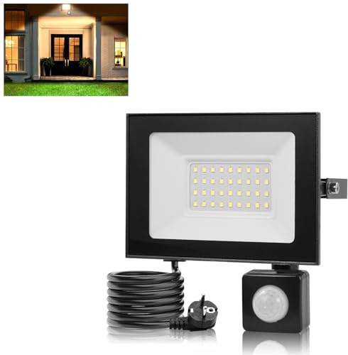 Bellanny 30W LED Strahler mit Bewegungsmelder Außen, 3000LM 3000K Warmweiß Superhell Fluter Scheinwerfer Wandstrahler | IP66 Wasserdicht Aussenlampe Wandleuchte Innen für Garten Hof Garage Veranda