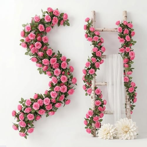Qivra 2 Pezzi Ghirlanda di Fiori Artificiale Fucsia, 1,8 Metri Rose Artificiali Realistiche, 138 Rose Ghirlanda Fiori Bianca per Decorazioni Matrimonio Tavolo Feste Giardino