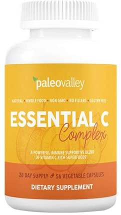 Paleovalley Essential C Complex - Vitamin C Supplement for Immune Support - 1 Pack, 450mg - Organic Superfoods Unripe Acerola Cherry, Camu Camu, Amla Berry - No Synthetic Ascorbic Acid - USA Made