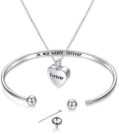 Flyow Feuerbestattung Schmuck 925 Sterling Silber Memorial Asche Andenken Urne Armbänder mit Herz Tropfen Anhänger Kette Eingraviert Forever in My Heart (Herz Armband mit Kette)