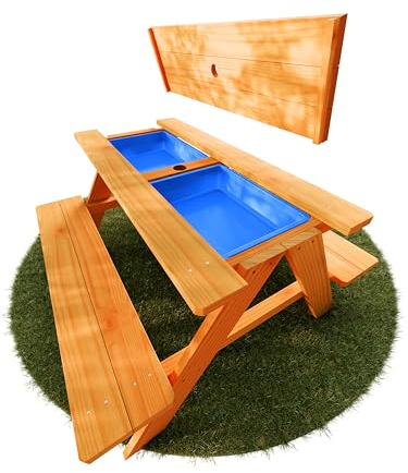 FRIEDO - 2in1 Kindersitzgruppe mit Matschtisch aus lackiertem Holz - Matschküche & Wasserspieltisch für den Garten - Gem. deutscher Standards geprüfte Kinder Gartenmöbel - Für Outdoor & Indoor Nutzung