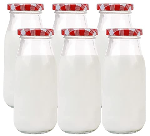 Danmu Art 3Pcs 250ml Glass Milk Bottles with Pretty Gingham Lids, Small Glass Jars for Decoration - Little Milk Juice Bottles (Red-Gingham) (6)