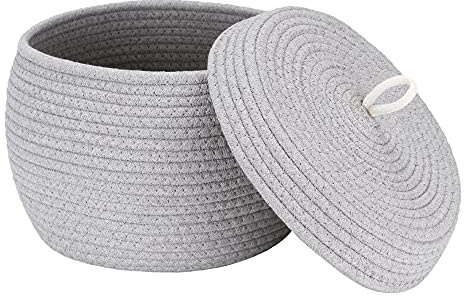 Sea Team Eleganter runder Baumwollseil-Aufbewahrungskorb mit Deckel - Multifunktionaler Organizer für Snacks, Handtücher uvm. - Ideal für Ihr Zuhause, 10 x 7,5 Zoll (Klein, Grau)