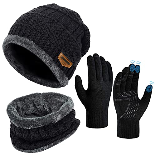 OOPOR Wintermütze Schal Touchscreen Handschuhe Set - Unisex Beanie Strickmütze Winterschal Thermo | Fleecefutter Warme Knit Hut Loop Rutschfeste | für Herre Ski 3-in-1 Winter-Set