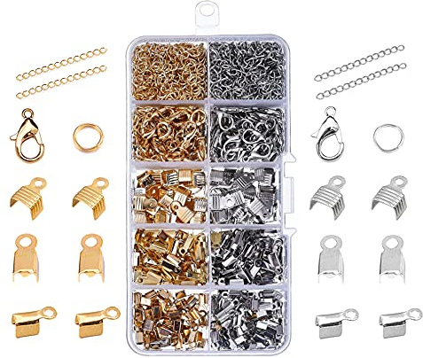 Pamtns 1000 Stück Klemmbleche Crimp Ende Armbandverschluß Karabinerverschluss Clamp Ends Kettenverlängerungen Verschluss Kette Sprung Ring Clamp Ends Kettenverlängerungen DIY Basteln Set