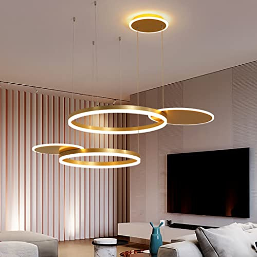JMrider LED Moderne Pendelleuchte Wohnzimmer Pendellampe Dimmbar Mit Fernbedienung 5 Rund Ringe 80W Hängeleuchte Höhenverstellbar Metall Acryl Hängelampe Esszimmer Schlafzimmer Kronleuchter,Gold