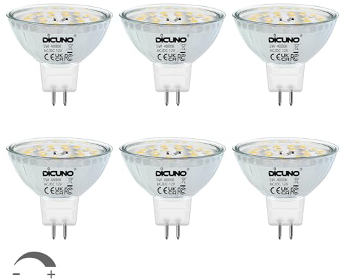 DiCUNO MR16 LED Bulbs Dimmable 50W Halogen Replacement 12V AC/DC 4000K Natural White, 5W GU5.3 Bi-Pin Base Glass Cover 120 Degree Beam Angle 500LM for Spotlights, Track, Landscape Lighting, 6 Packs