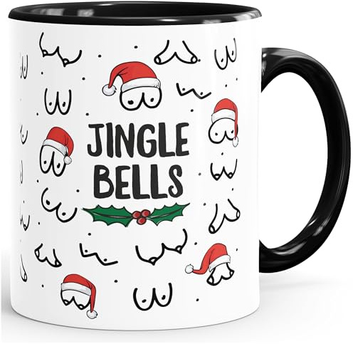 MoonWorks® Kaffee-Tasse Jingle Bells Brüste Muster Weihnachten Titten mit Weihnachtsmütze Bürotasse lustige Geschenke Weiss-innen-schwarz standard