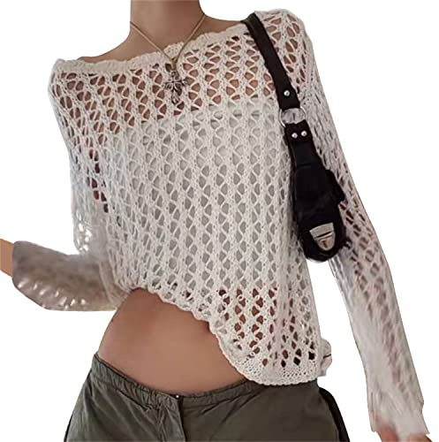 tinetill Corsetto da Donna Top Y2K Maglione Scava Fuori all'Uncinetto Maglione a Maniche Lunghe Y2k con Camicetta a Rete E-Girl Strappato Lavorato a Maglia Streetwear Crop Top Camicia Vintage