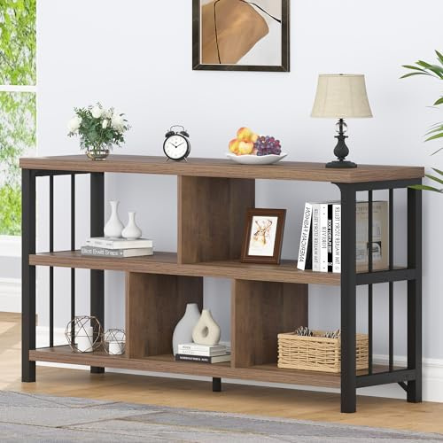 IBF 5 Cube Storage Organizer, Industrial Low Horizontal Bookshelf, Modern Wide Wood and Metal Bookcase with Book Storage, Short Open Cubby Book Shelf for Office Bedroom Living Room, Rustic Oak, 120cm