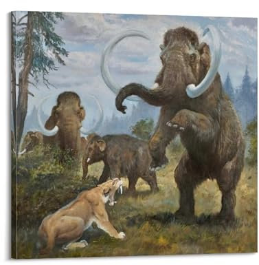 HAYZE Prähistorisches Tier-Poster, Mammuts und Säbelzahn-Tiger, dekorative Leinwand, Wand- und Kunstposter, Gemälde, 40 x 40 cm
