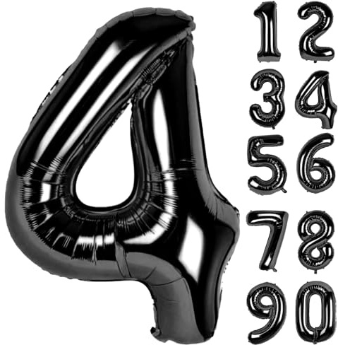 LAPONO Zahlen Luftballon 4 Schwarz, Folienballon Zahl 82 × 55 cm, Helium Geeignet mit Aufblashalm, Selbstschließendes Ventil, Geburtstag Deko Party Foto für 4 14 40 Jahre, Jubiläum Tischdeko