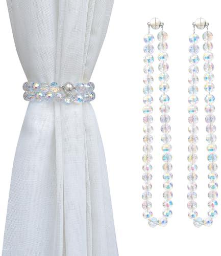 PEDOBO Magnetic Curtain Tiebacks, Faceted Disco Crystal Glass Beaded Curtain Tiebacks Drapery Shower Sheer Curtain Holdbacks Boho Farmhouse Home Decor (AB)