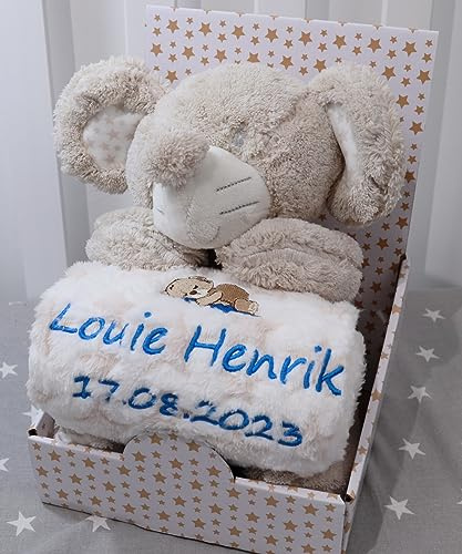 Generisch Geschenk-Set New Baby ★ Babydecke mit Namen + Plüschtier ★ Baby-Shower ★ Geburt ★ (Beige - Maus)