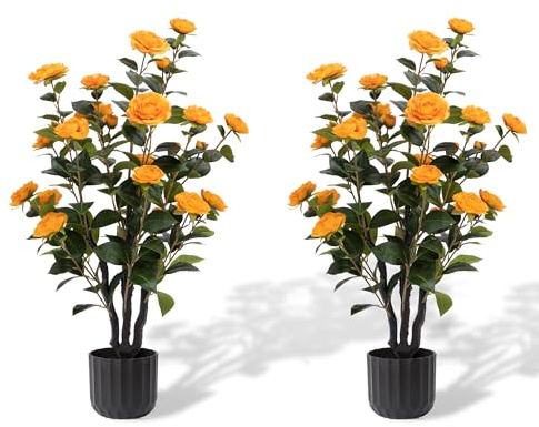 3.2FT Artificial Camellia Trees, Orange Silk Flowers, Indoor Faux Plants with Realistic Trunk in Black Cement Pot for Home House Living Room Bedroom Office Decor, 2pcs