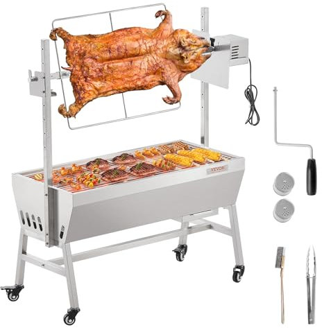 VEVOR Barbecue à Charbon Charge 61 kg, Rôtissoire avec Tournebroche Électrique 94,4 cm Moteur 42 W, Grill Rotatif Électrique en Acier Inoxydable, avec Roues Verrouillables pour Agneau Cochon Poulet