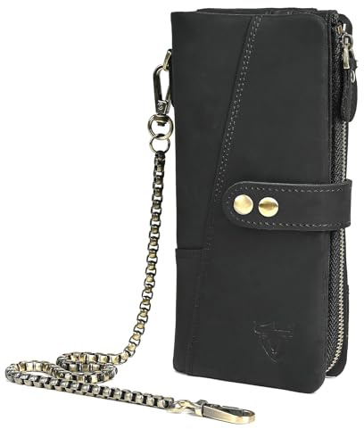 Handadsume Genuine Crazy Horse Leather Travel Gift Coin Pocket Card Case Long Organizer Chain Rfid Wallet Purse With Snap For Men Male 1803 1815 (1803 The Black2)