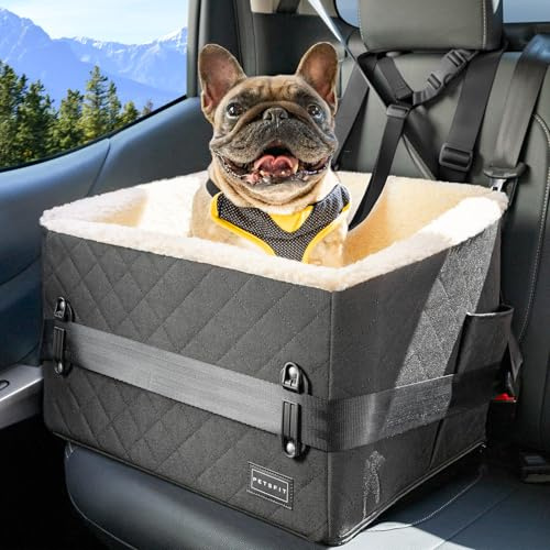 PETSFIT Hunde Autositz erhöht 12.5cm, Hundesitz Auto Rückbank mit Sicherheitspatent, Hundeautositz mit abnehmbarem Plüschbezug, Hundekorb Auto für kleine Hunde bis 12kg, Beifahrersitz & Rückbank