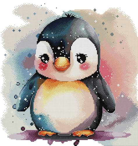 Gofission Kreuzstich Set Vorgedruckt Stickpackungen, Süßer kleiner Pinguin 11ct Stickset 47 x 50 cm mit Stoff Vorlagen für Erwachsene Anfänger