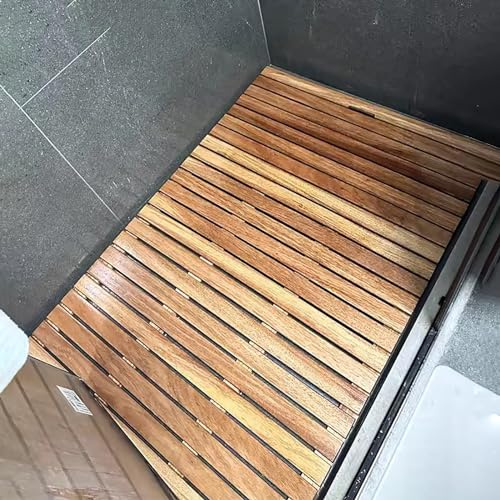 Caillebotis de Douche en Bois de Teck, Caillebotis de Douche en Bois de Teck de 30 40 50 60 70 80 90 100 cm de largeur - Tapis de sol de bain rectangulaire en bois massif pour sol carrelé - Tapis de