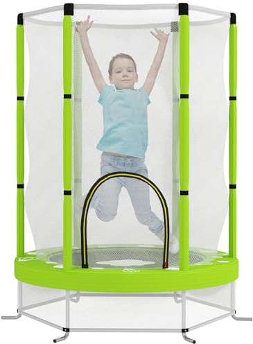 AIYAPLAY Trampolino Elastico per Bambini Ø140 cm con Rete di Sicurezza | Tappeto Elastico per Bimbi da 3-6 Anni con Disegni, per Interno ed Esterno, Verde