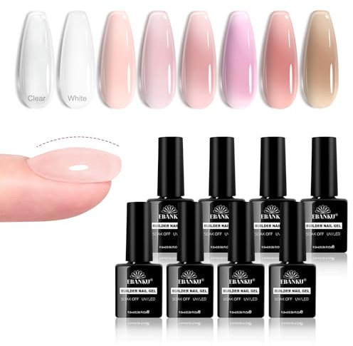 EBANKU 8 Couleurs Kit Gel Construction Ongle UV, 8 en 1 Builder Base Gel Nude Pink Gummy Base Pose Americaine Nail Extension UV/LED pour Extension Et Renforcement-Manucure de Réparation