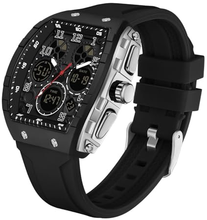 findtime Montre Militaire Homme Sport Design Unique Cadran Rectangulaire, Affichage Numérique Analogique, Double Fuseau, Chronomètre Étanche 5ATM, Style Punk